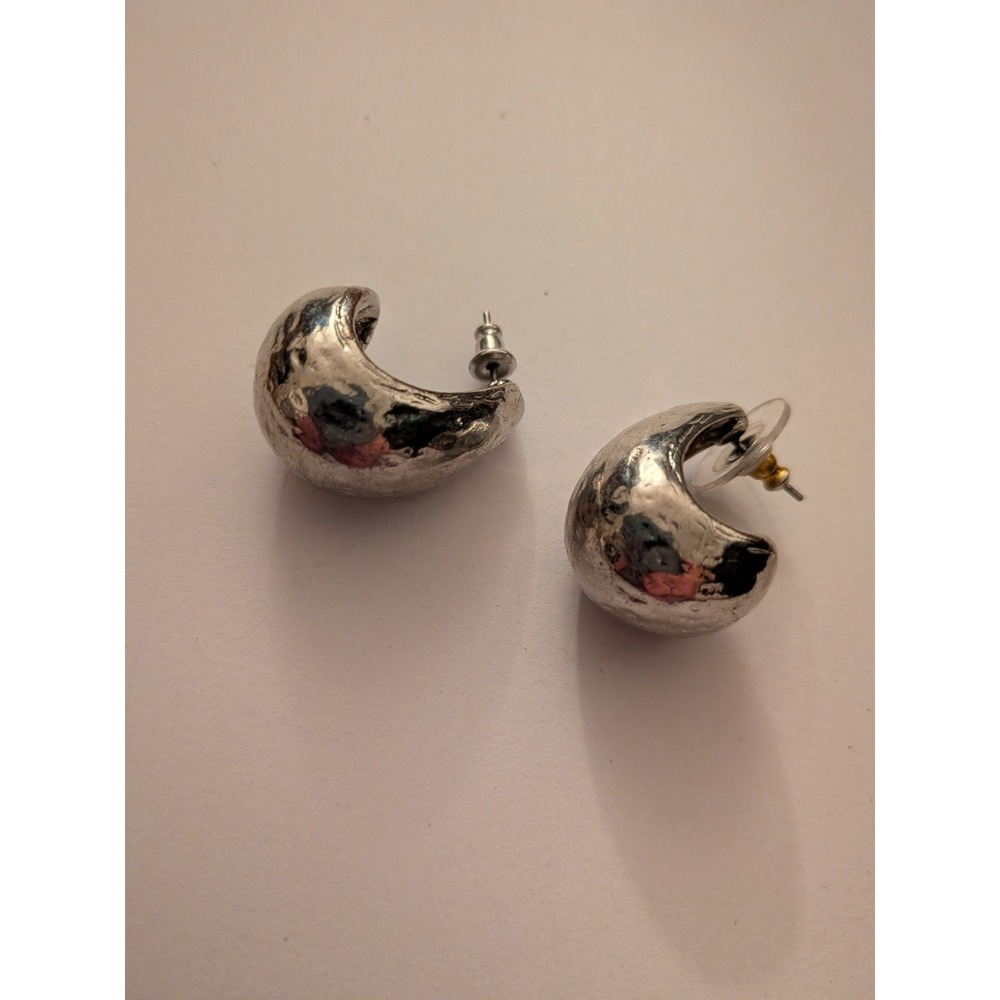 Silver Tone Chunky Hammered Dome Hoop Earrings Textured Crescent Post Backs